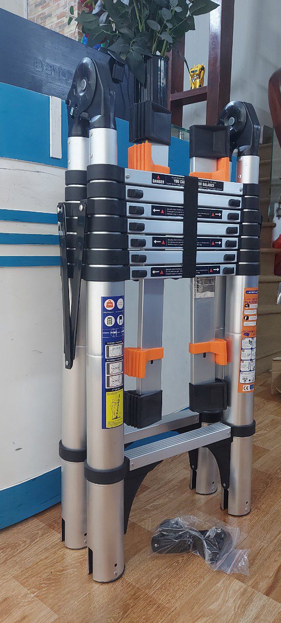 Thang nhôm rút đôi 64ai chữ a 3,2m bánh xe